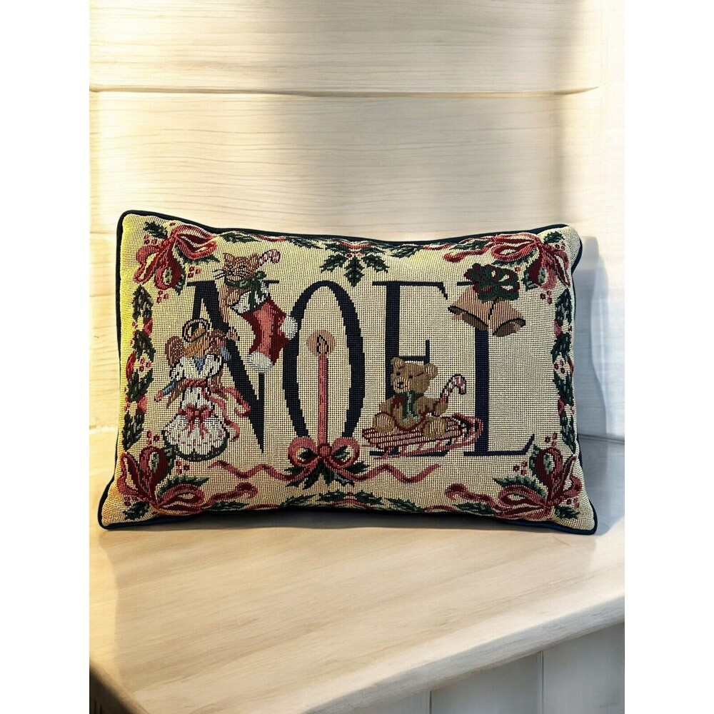 Vtg Christmas Noel Tapestry Throw Pillow Holiday Cat Stocking Bear Sled Angel